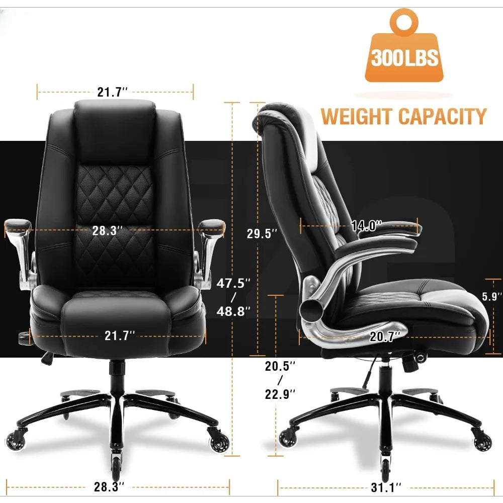 High Back Office Chair-Flip Arms Adjustable Built-in Lumbar Support,Thick Padded Strong Metal Base Quiet Wheels,Ergonomic Design