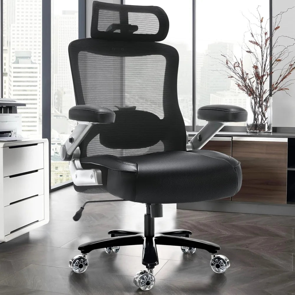 500lbs Big and Tall Office Chair- Heavy Duty Executive Computer Chair with 3D Flip Arms Large Wheels, Ergonomic Mesh High