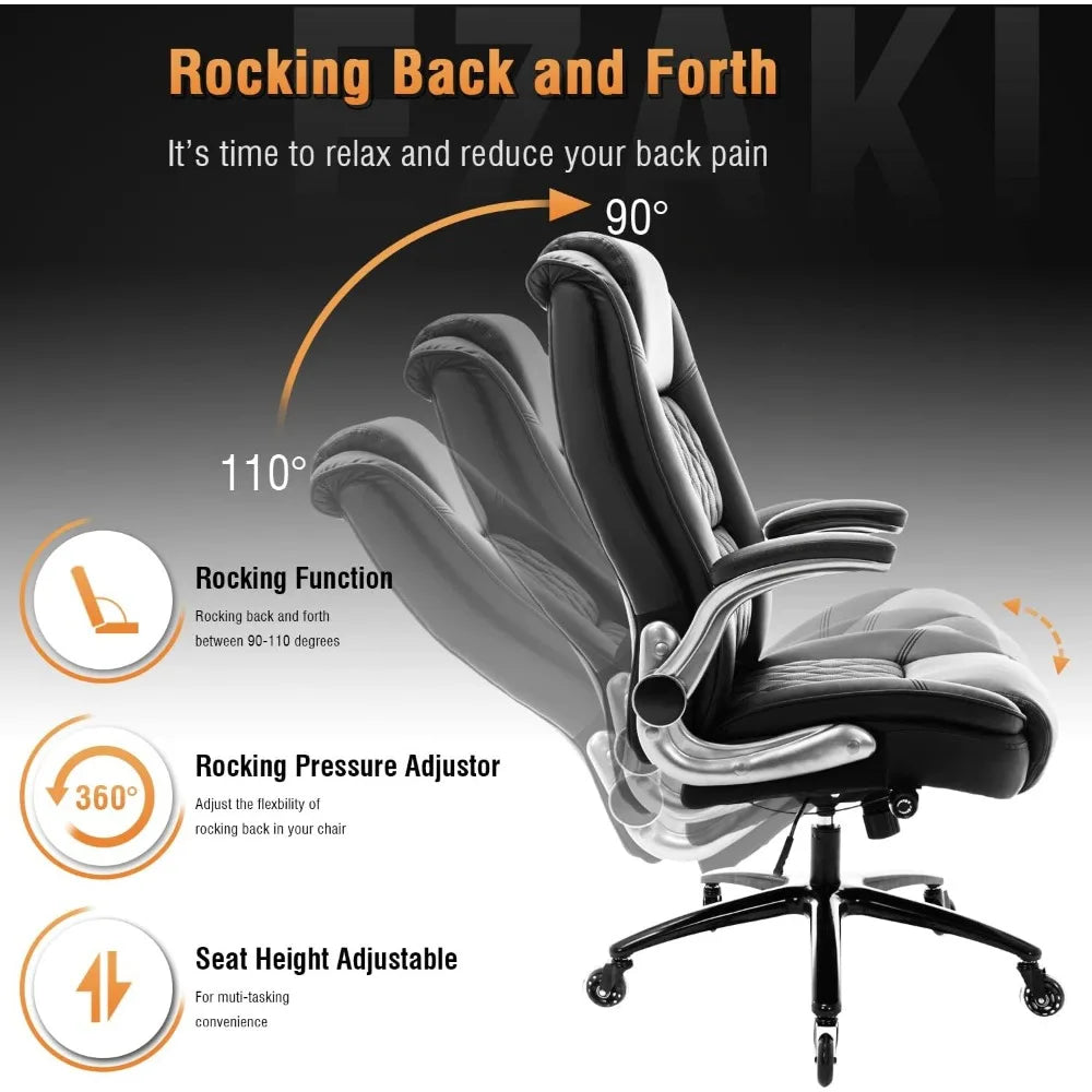 High Back Office Chair-Flip Arms Adjustable Built-in Lumbar Support,Thick Padded Strong Metal Base Quiet Wheels,Ergonomic Design