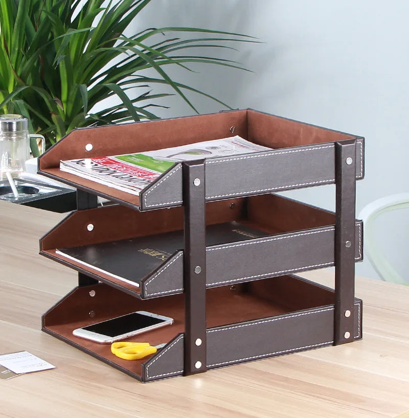 Creative Leather Desktop File and Information Shelf, Office Fashion Anti Slip Leather Three Layer File Shelf Detachable