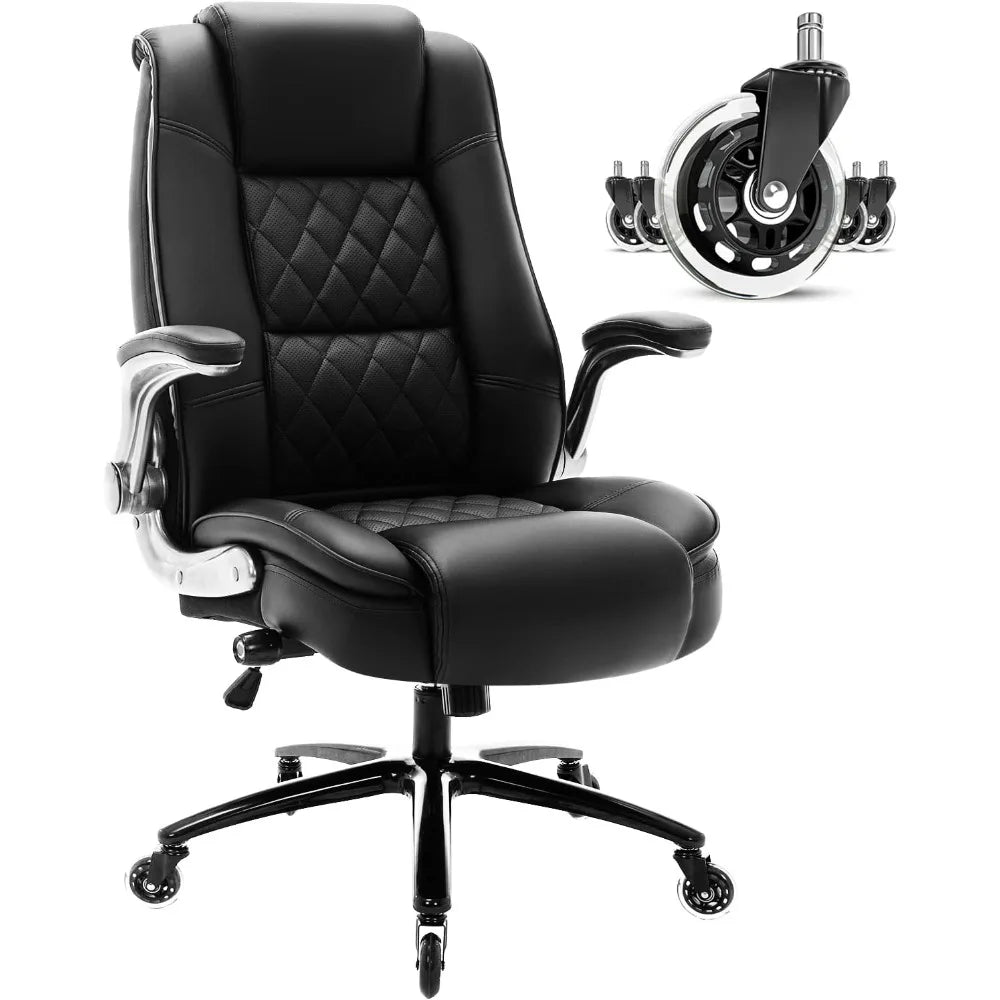 High Back Office Chair-Flip Arms Adjustable Built-in Lumbar Support,Thick Padded Strong Metal Base Quiet Wheels,Ergonomic Design