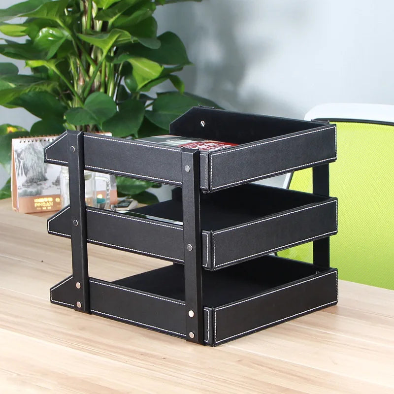 Creative Leather Desktop File and Information Shelf, Office Fashion Anti Slip Leather Three Layer File Shelf Detachable