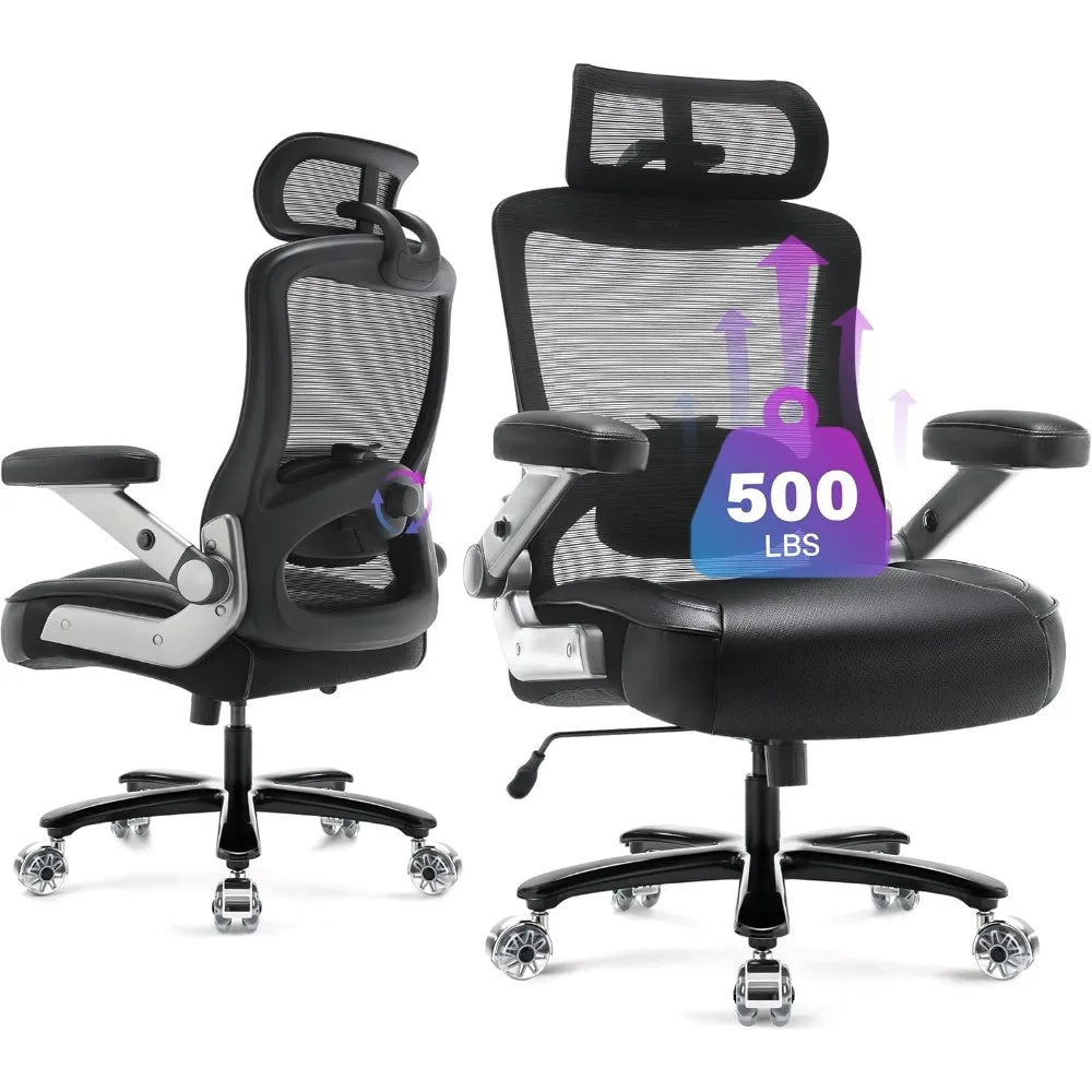 500lbs Big and Tall Office Chair- Heavy Duty Executive Computer Chair with 3D Flip Arms Large Wheels, Ergonomic Mesh High