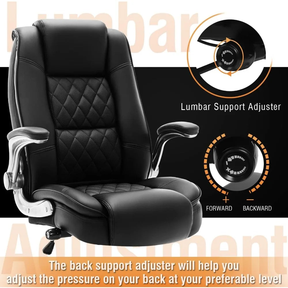 High Back Office Chair-Flip Arms Adjustable Built-in Lumbar Support,Thick Padded Strong Metal Base Quiet Wheels,Ergonomic Design