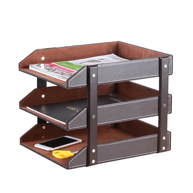 Creative Leather Desktop File and Information Shelf, Office Fashion Anti Slip Leather Three Layer File Shelf Detachable