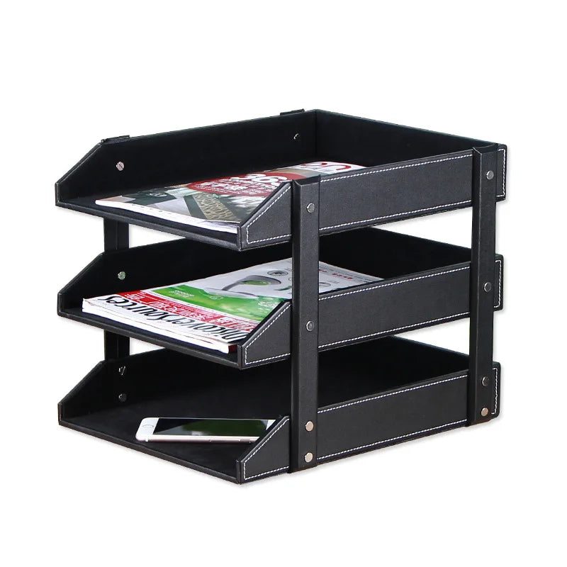 Creative Leather Desktop File and Information Shelf, Office Fashion Anti Slip Leather Three Layer File Shelf Detachable